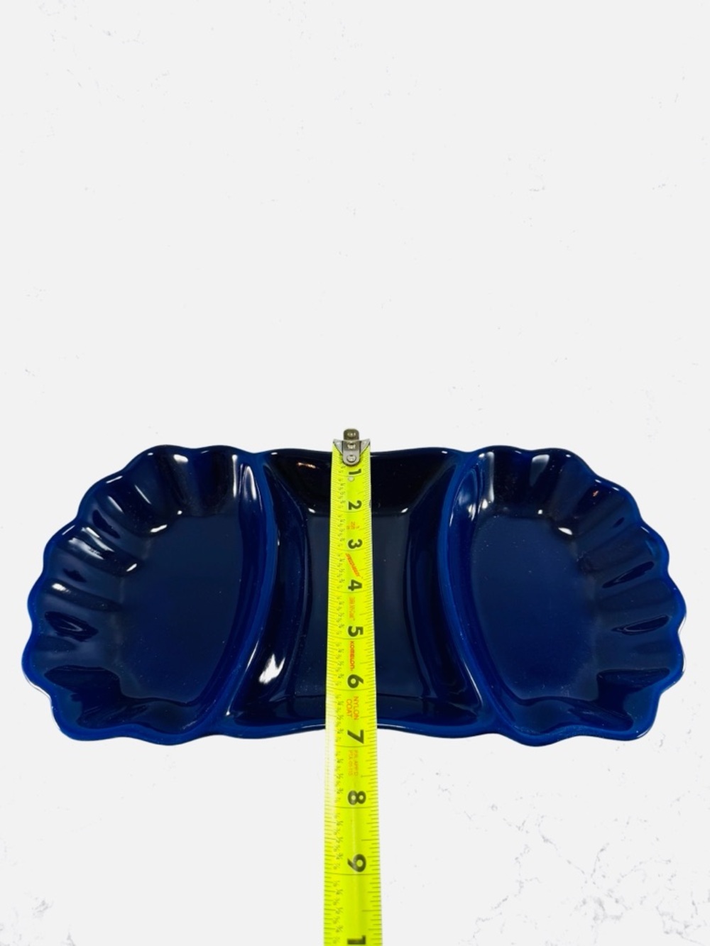 Vintage Cobalt Blue Glazed Pottery Relish Dish Serving Tray 3 Sections Vegetable - Picture 9 of 9